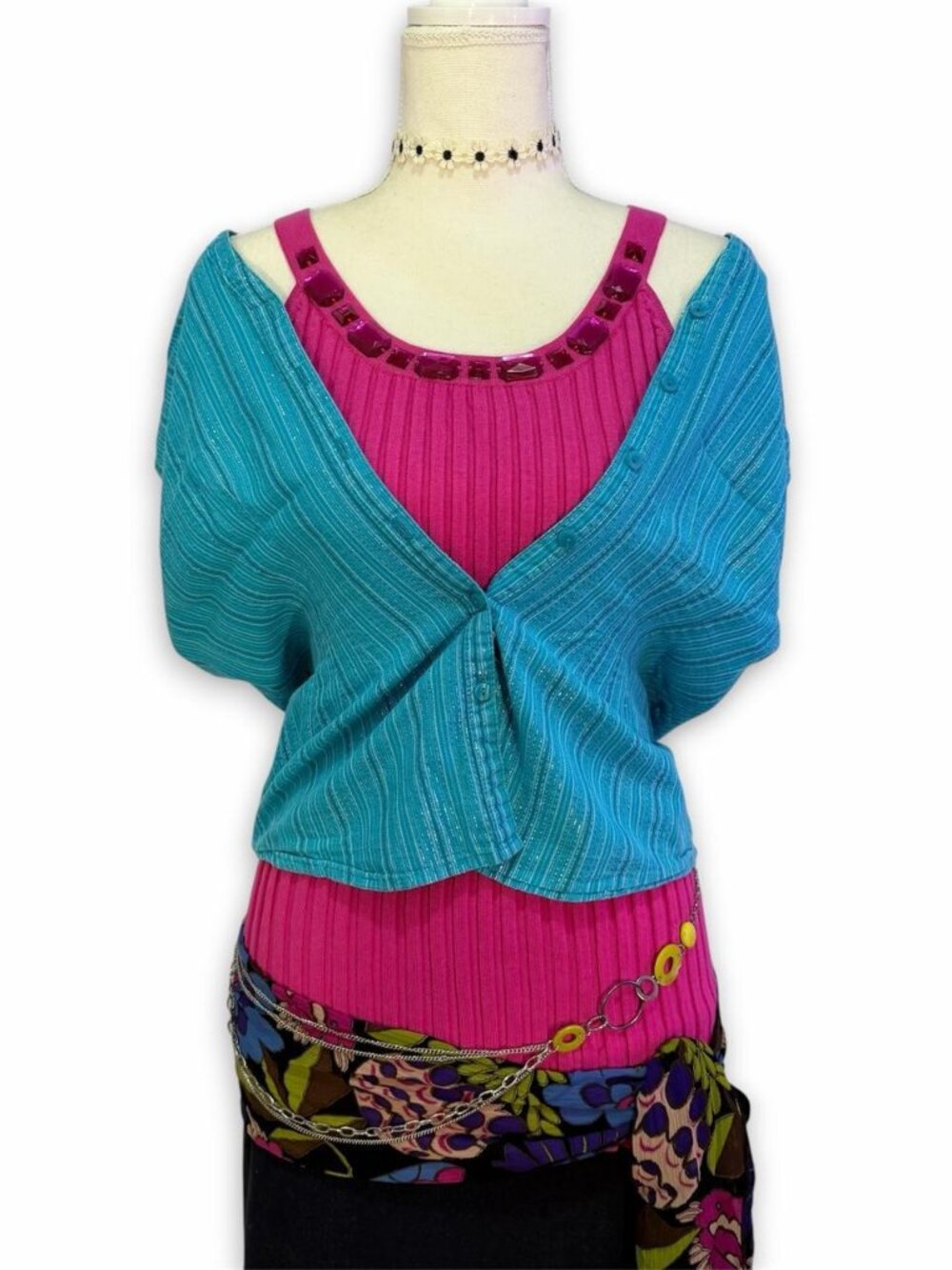 Vintage Y2K Camille La Vie Hot Pink Jeweled Ribbed Knit Tank Top — Size L